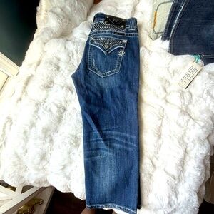 Miss Me Blue Denim Capris with Embellished Pockets